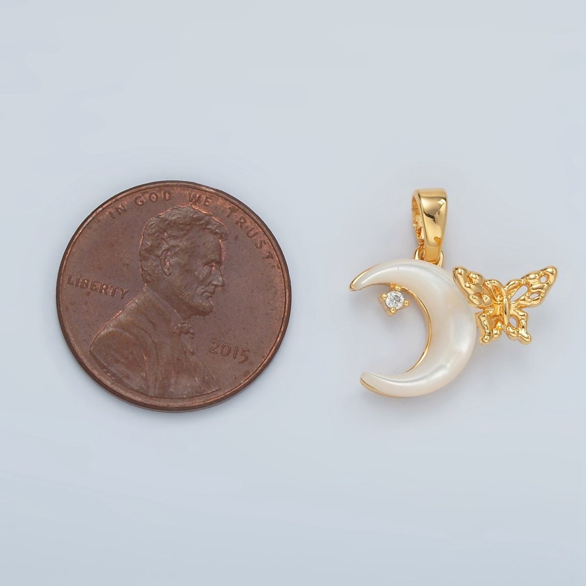 24K Gold Filled Butterfly Celestial Crescent Moon Shell Pearl Pendant | H691