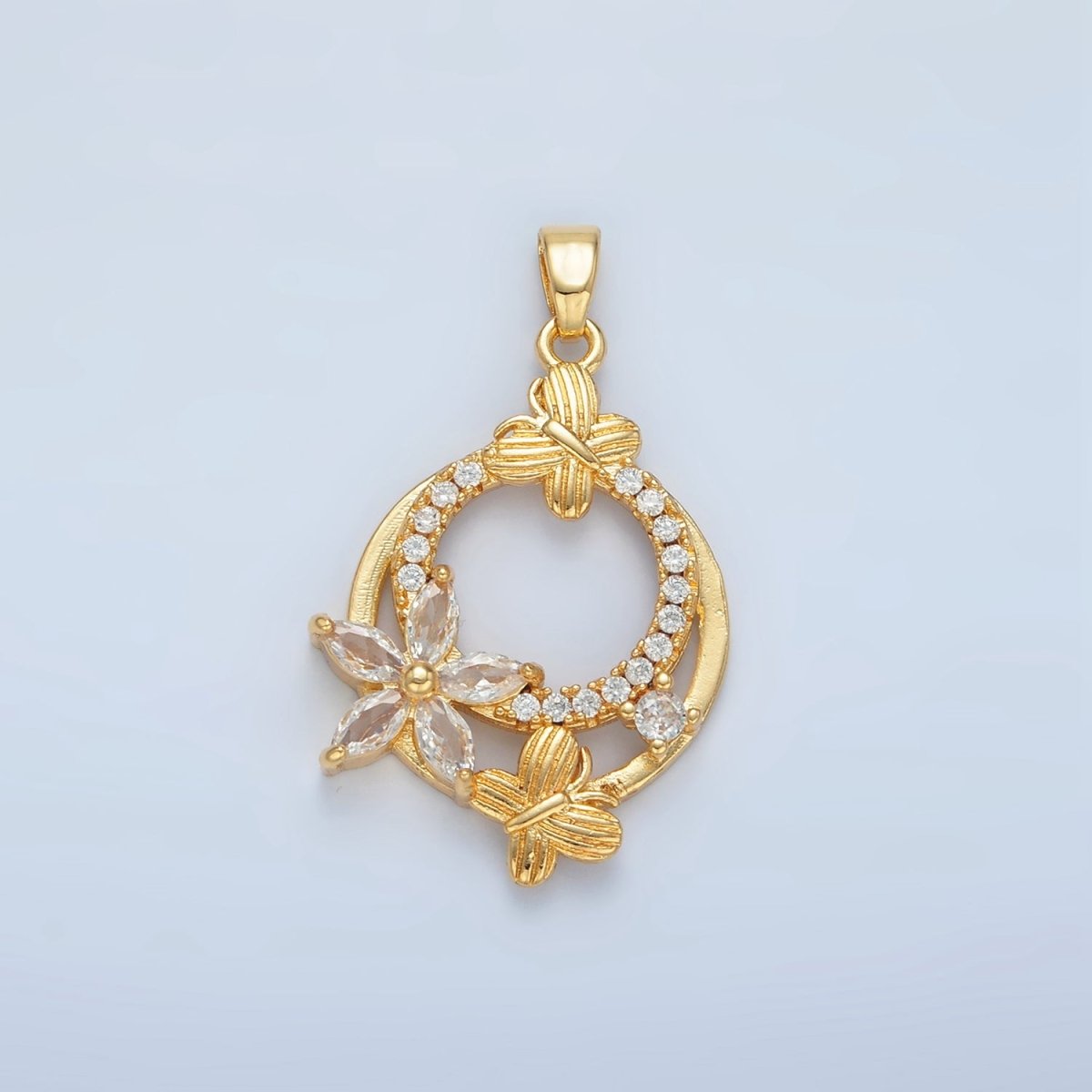 24K Gold Filled Butterfly Flower CZ Micro Paved Round Pendant | AA892