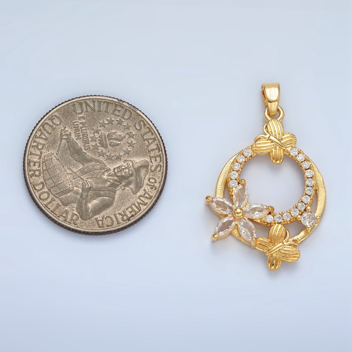 24K Gold Filled Butterfly Flower CZ Micro Paved Round Pendant | AA892