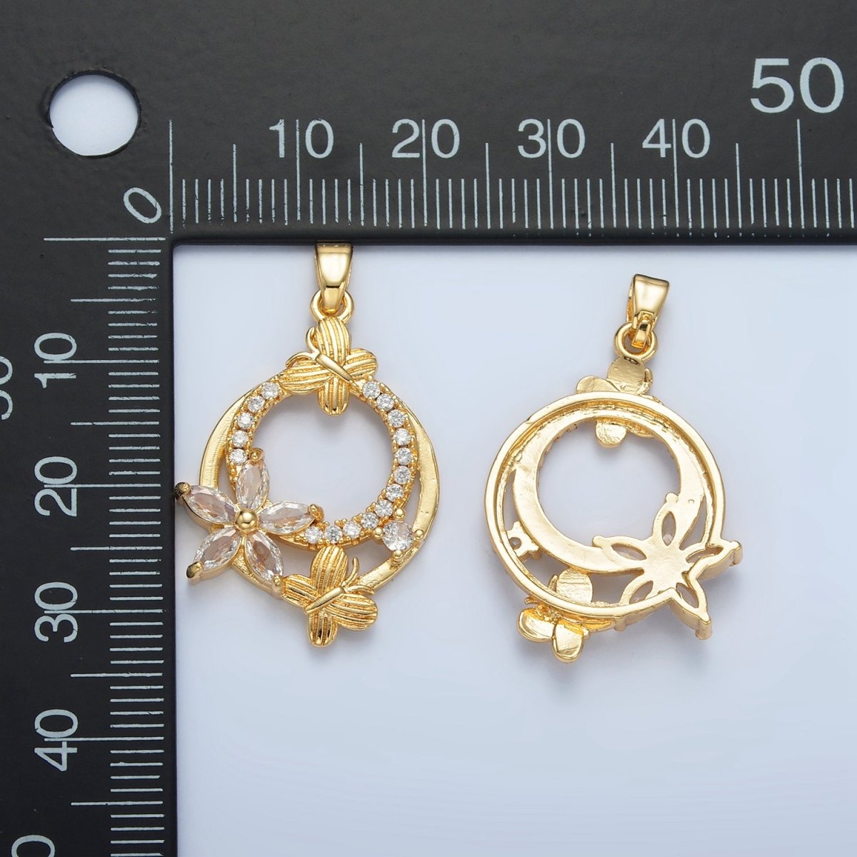 24K Gold Filled Butterfly Flower CZ Micro Paved Round Pendant | AA892