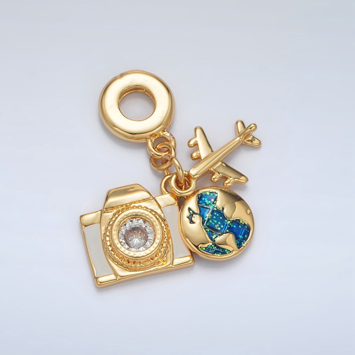 24K Gold Filled Camera Globe Airplane Rhondelle Bail Triple Travel Drop Pendant | AC083