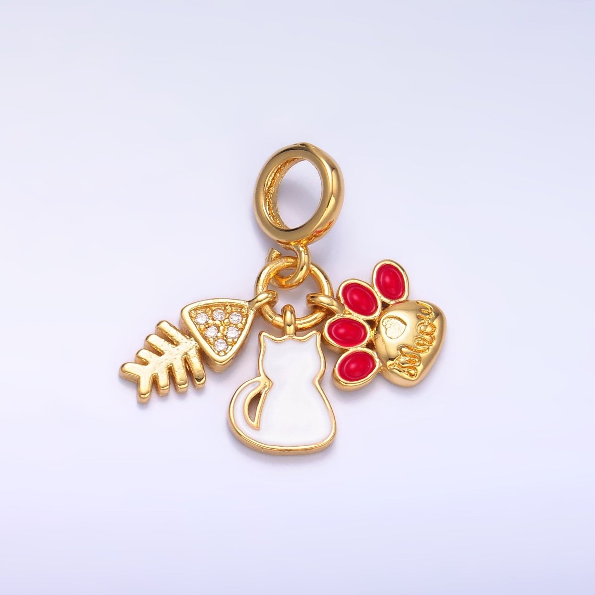 24K Gold Filled Cat Pawprint Fish Bone Rhondelle Drop Pendant | E799