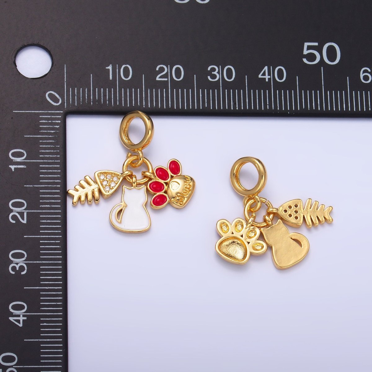 24K Gold Filled Cat Pawprint Fish Bone Rhondelle Drop Pendant | E799