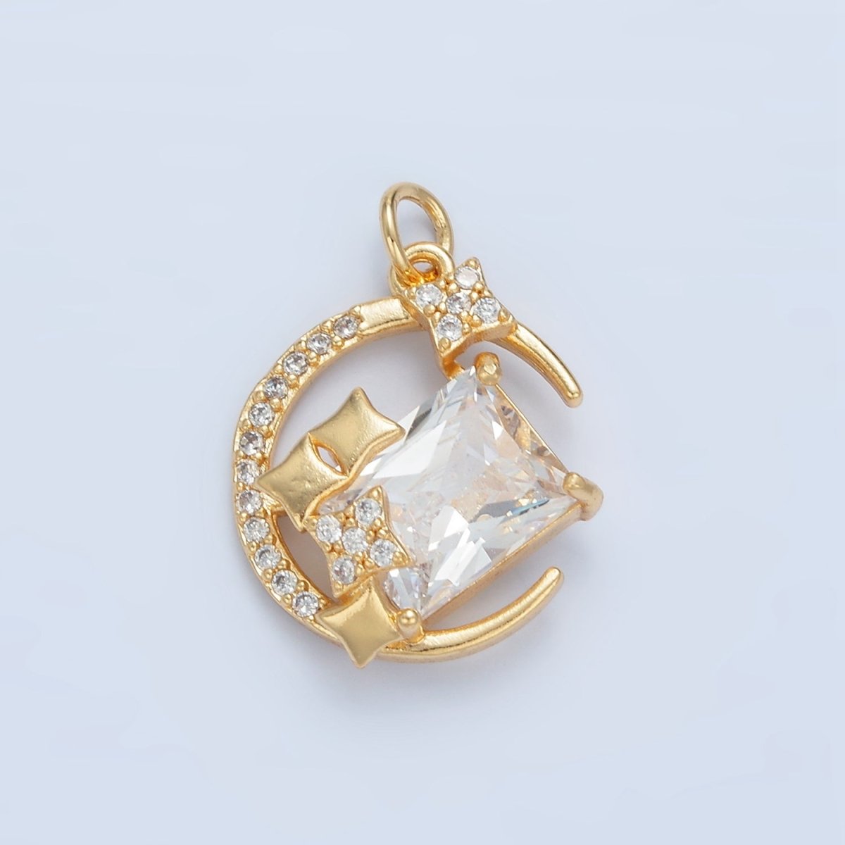 24K Gold Filled Celestial Crescent Moon Baguette Micro Paved CZ Charm | X288