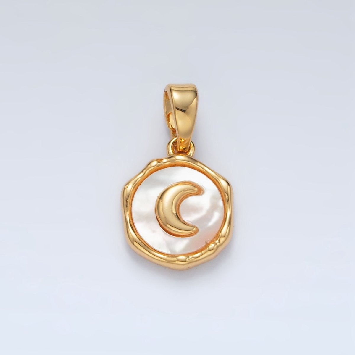 24K Gold Filled Celestial Crescent Moon Shell Pearl Stamped Bezel Pendant | AA1523