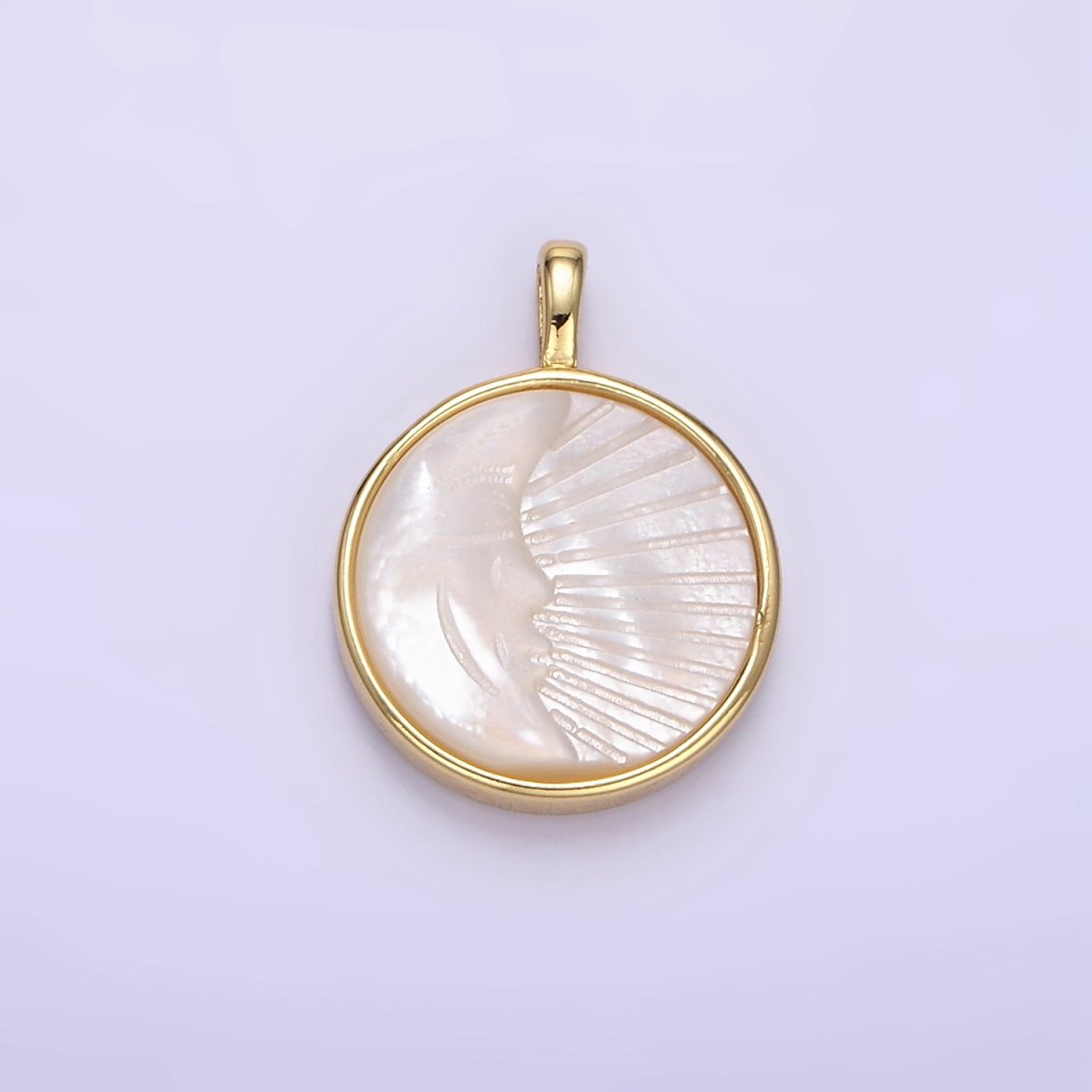 24K Gold Filled Celestial Moon Face Ray Shell Pearl Bezel Round Pendant | AA1332