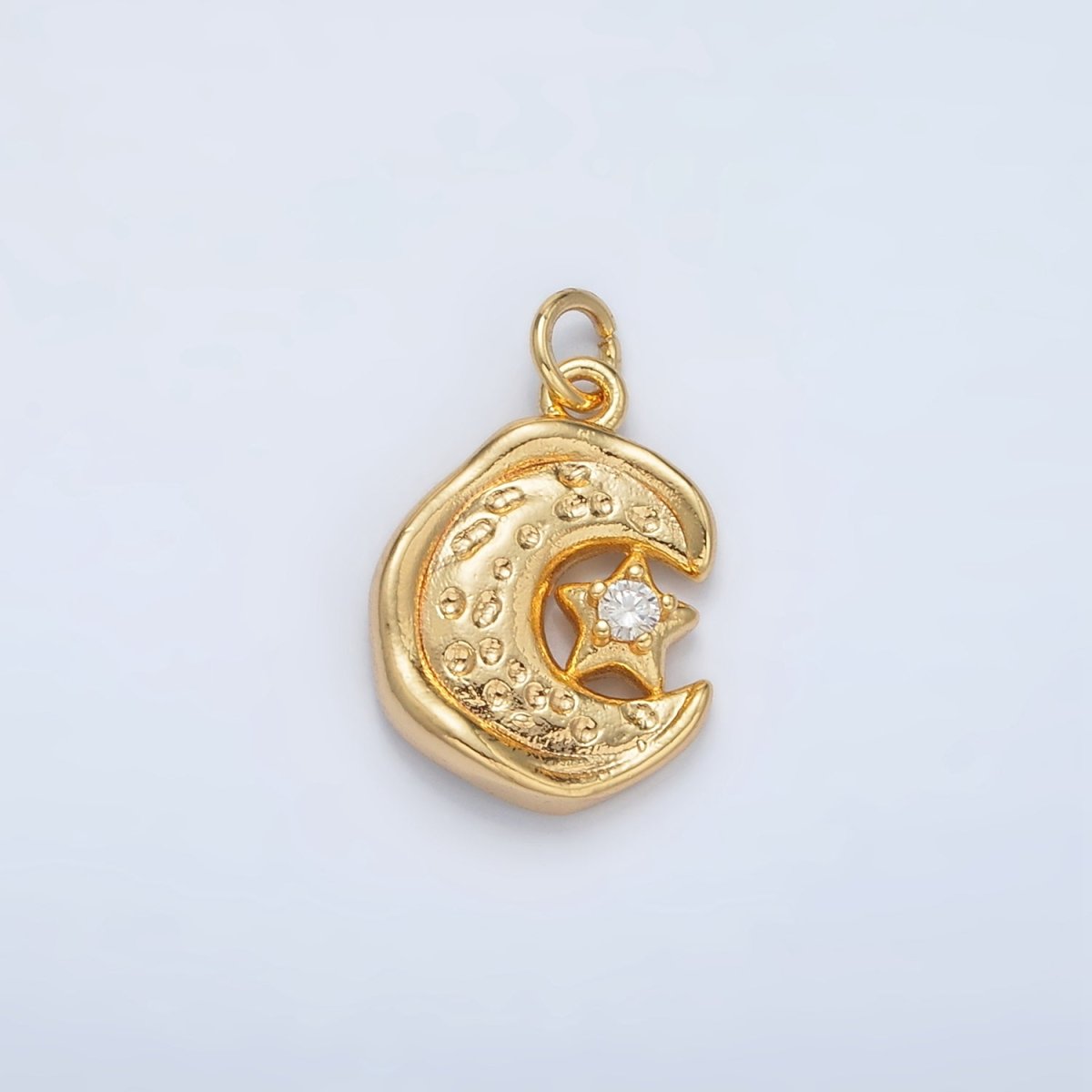 24K Gold Filled Celestial Star CZ Hammered Crescent Moon Stamped Charm | AC103