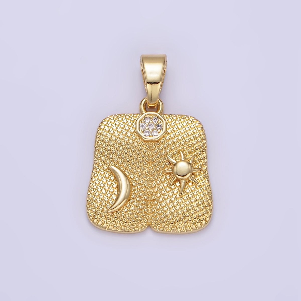 24K Gold Filled Celestial Sun Moon Textured Micro Paved Square Pendant | AA1336