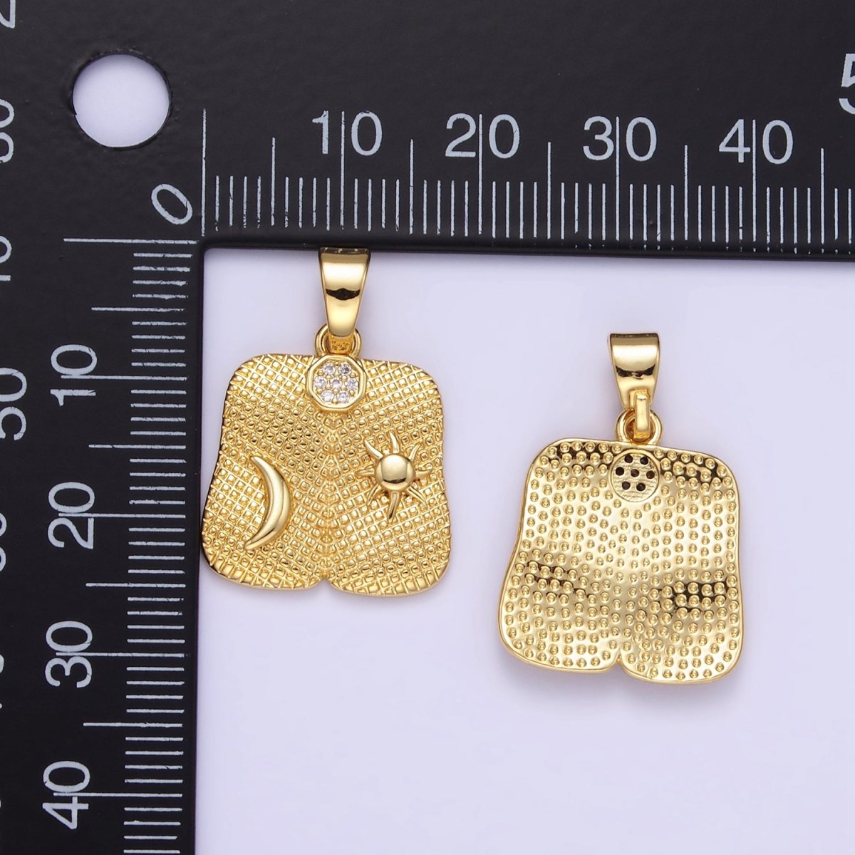24K Gold Filled Celestial Sun Moon Textured Micro Paved Square Pendant | AA1336