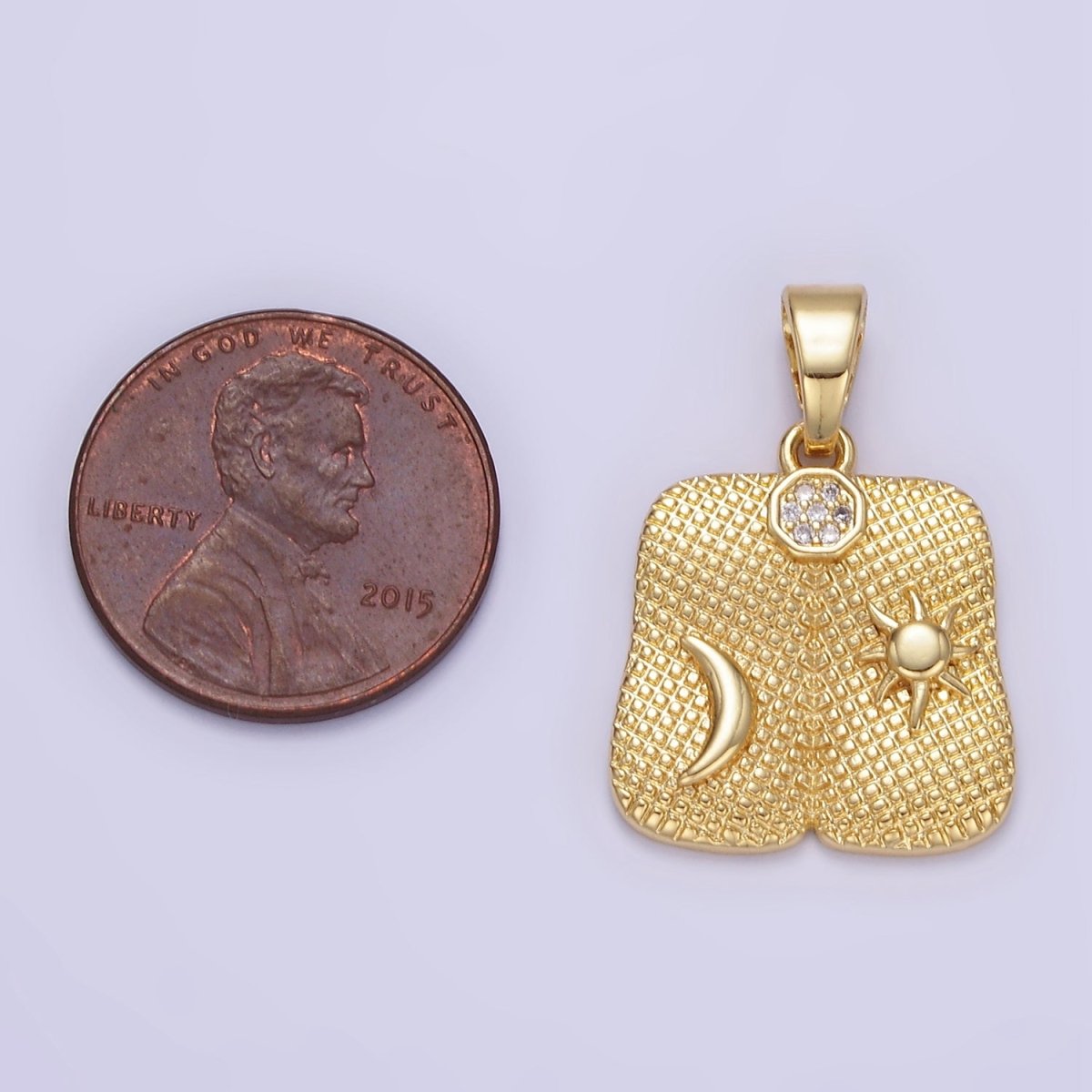 24K Gold Filled Celestial Sun Moon Textured Micro Paved Square Pendant | AA1336