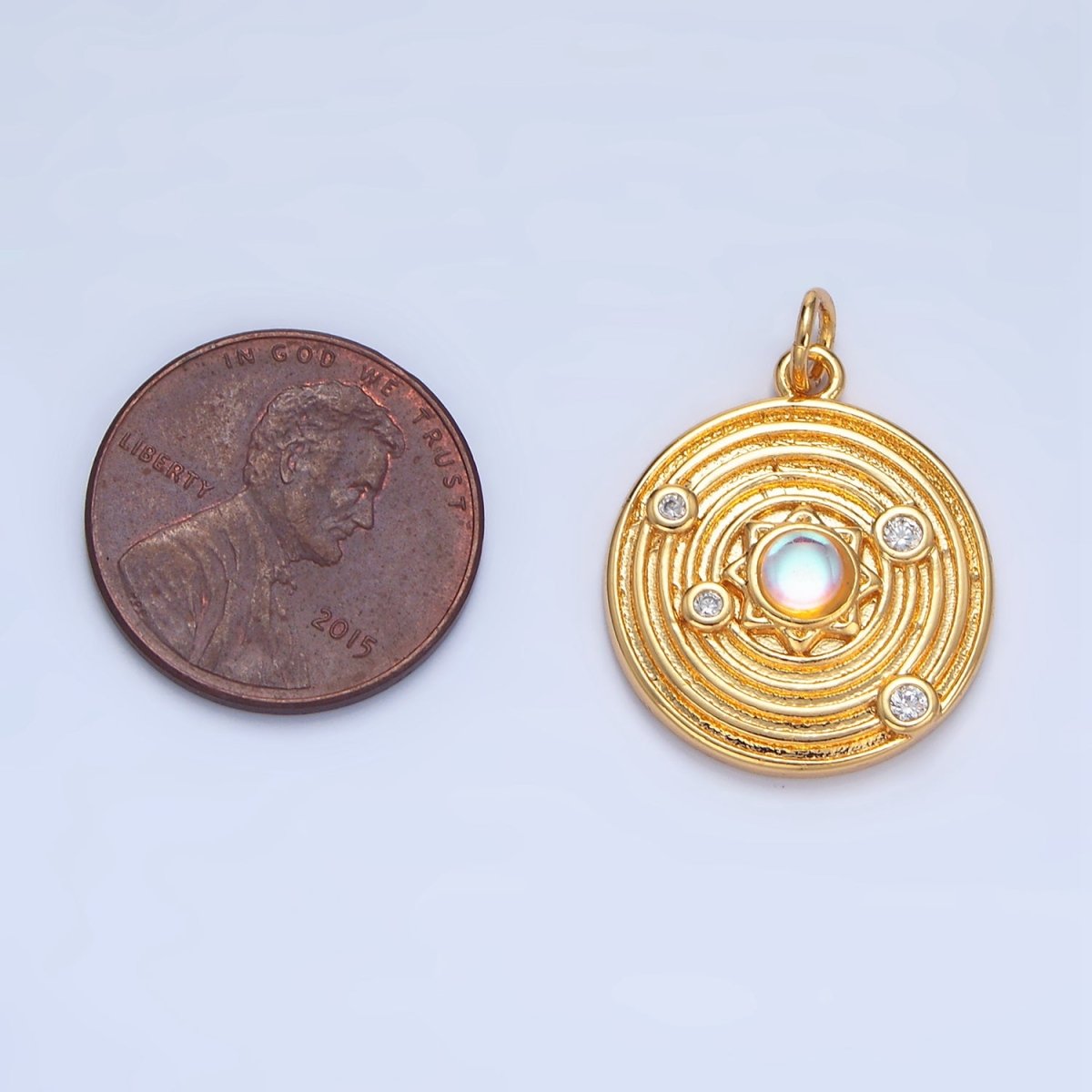 24K Gold Filled Celestial Sun Opal CZ Solar System Round Charm | X818