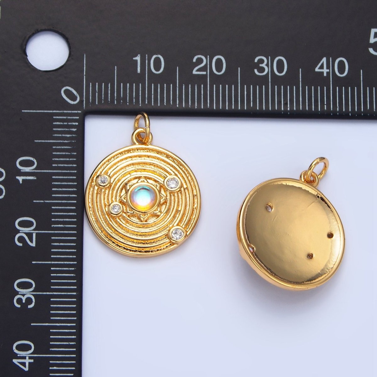 24K Gold Filled Celestial Sun Opal CZ Solar System Round Charm | X818