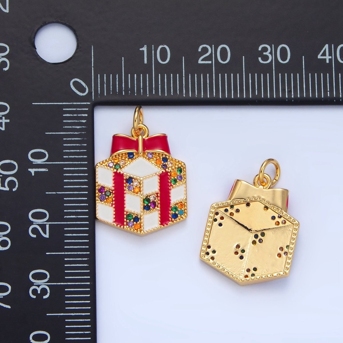 24K Gold Filled Christmas Present Multicolor Micro Paved CZ White Enamel Charm | X842
