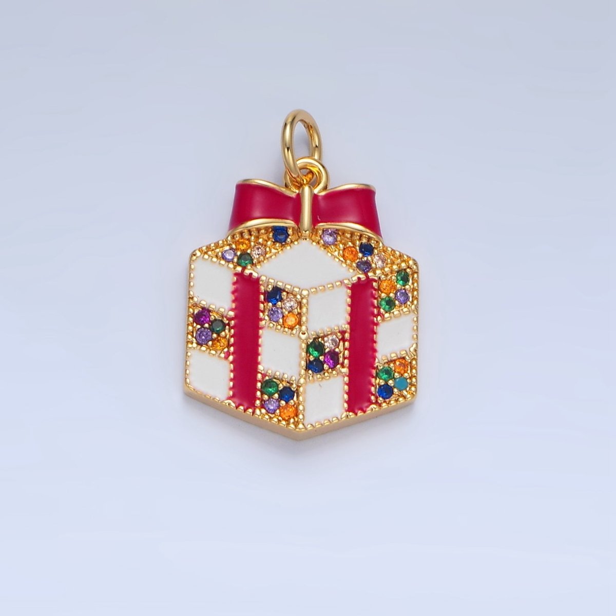 24K Gold Filled Christmas Present Multicolor Micro Paved CZ White Enamel Charm | X842