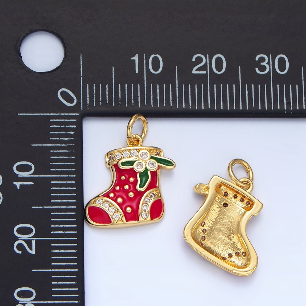 24K Gold Filled Christmas Sock Mistletoe Micro Paved CZ Enamel Charm | X843