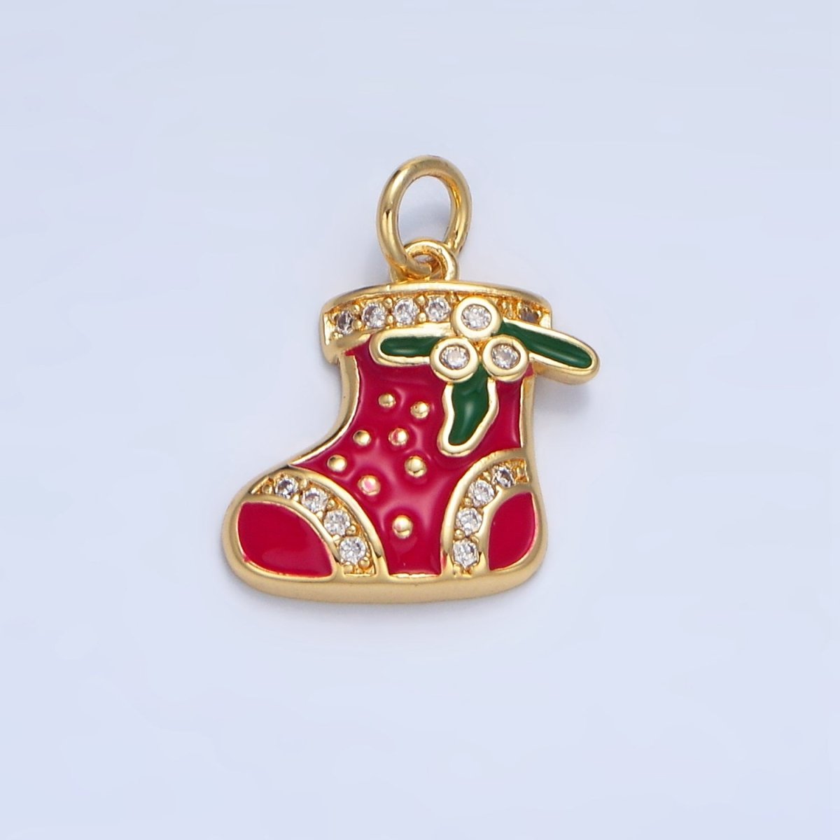 24K Gold Filled Christmas Sock Mistletoe Micro Paved CZ Enamel Charm | X843