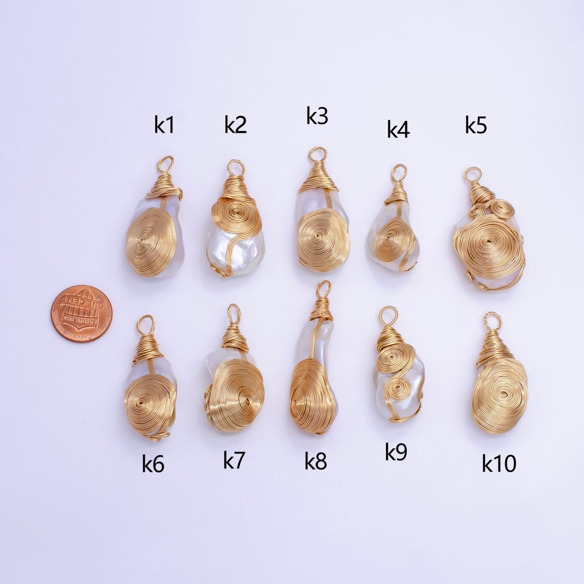 24K Gold Filled Circular Unique Wired Baroque Freshwater Pearl Pendant | P1854 K