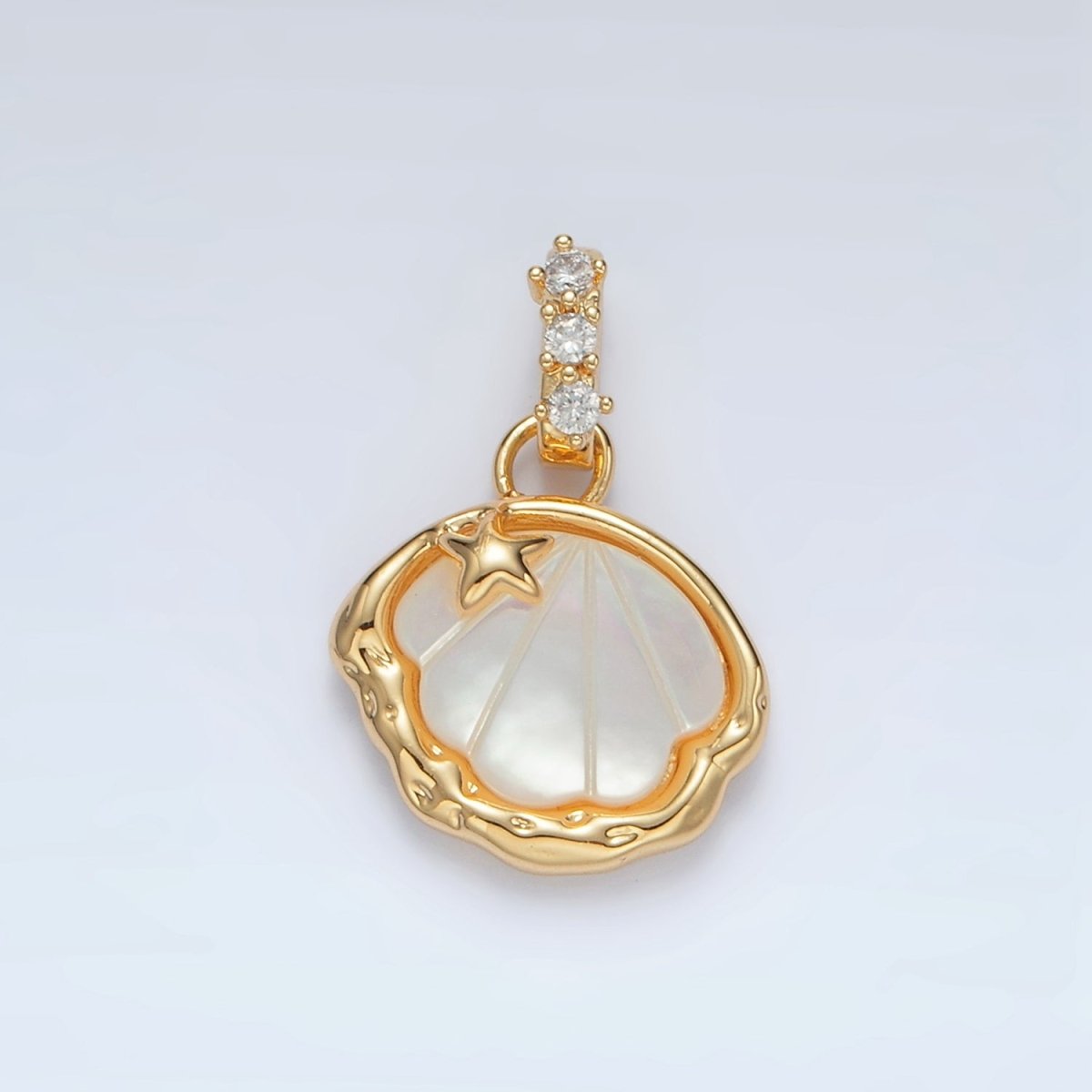 24K Gold Filled Clam Sea Shell Pearl Bezel Micro Paved CZ Pendant | AA1514