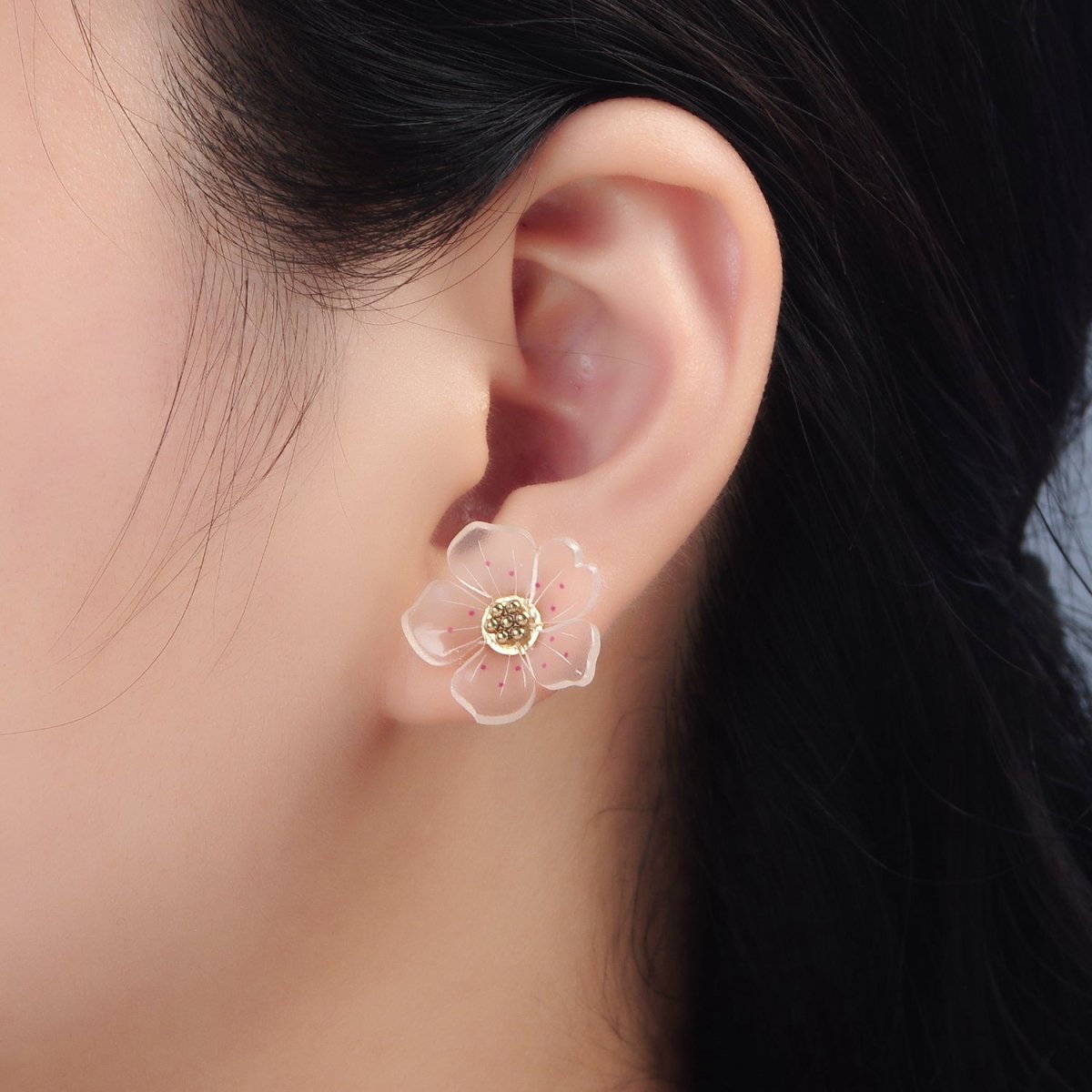 24K Gold Filled Clear Acrylic Pink Enamel Flower Stud Earrings | P100