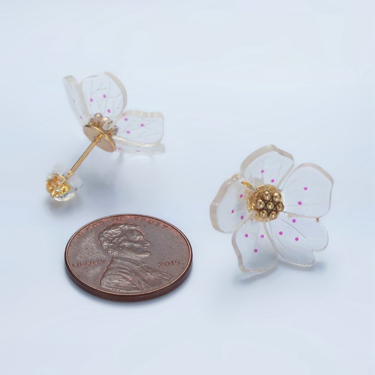24K Gold Filled Clear Acrylic Pink Enamel Flower Stud Earrings | P100