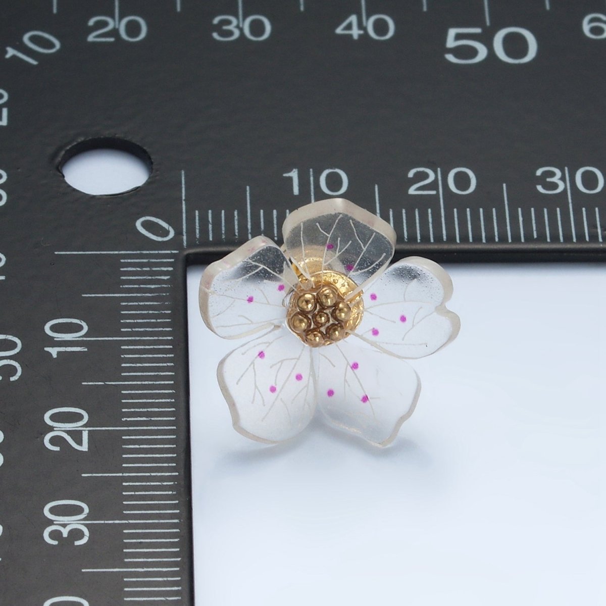 24K Gold Filled Clear Acrylic Pink Enamel Flower Stud Earrings | P100