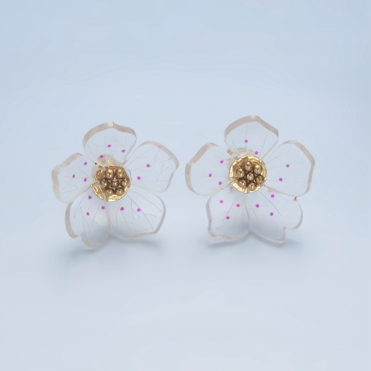 24K Gold Filled Clear Acrylic Pink Enamel Flower Stud Earrings | P100