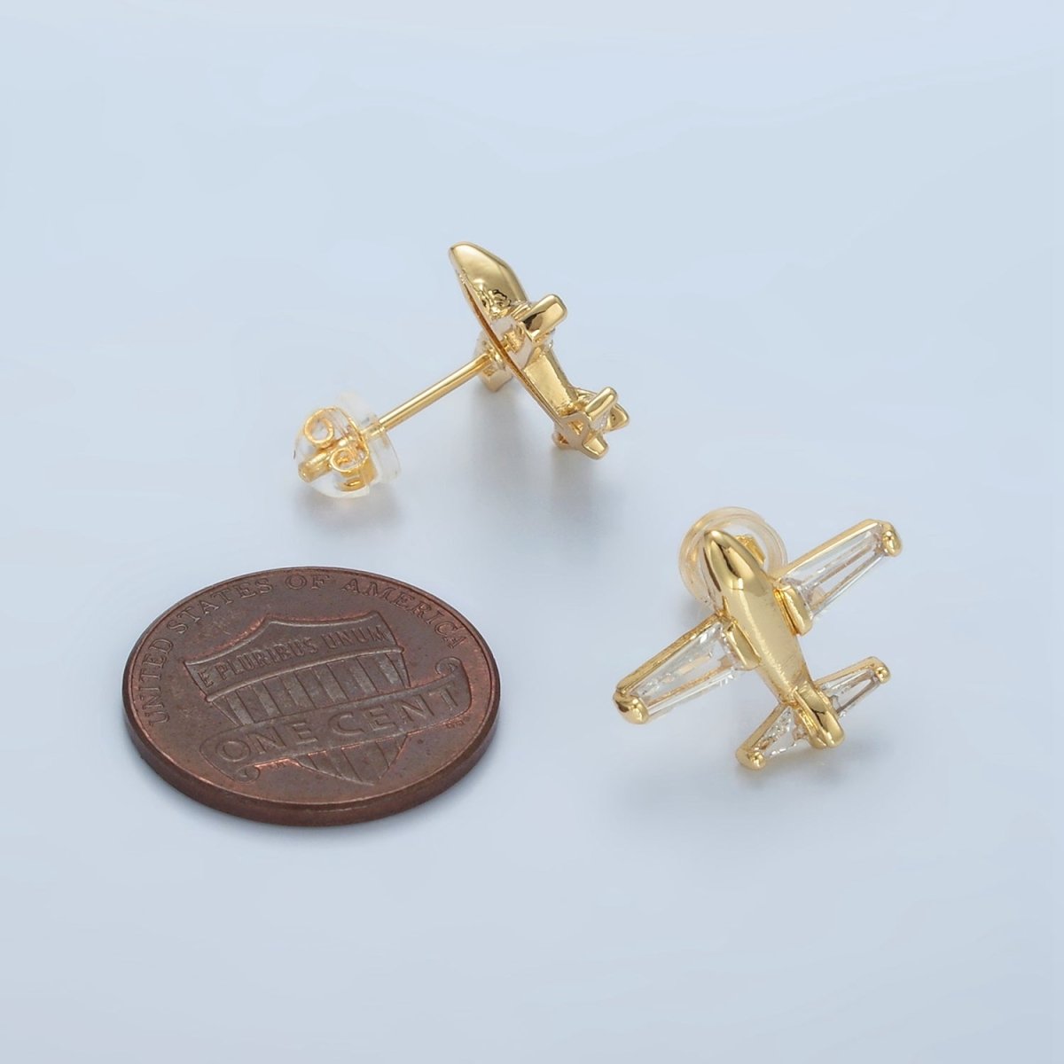 24K Gold Filled Baguette CZ Airplane Travel Stud Earrings | AD763