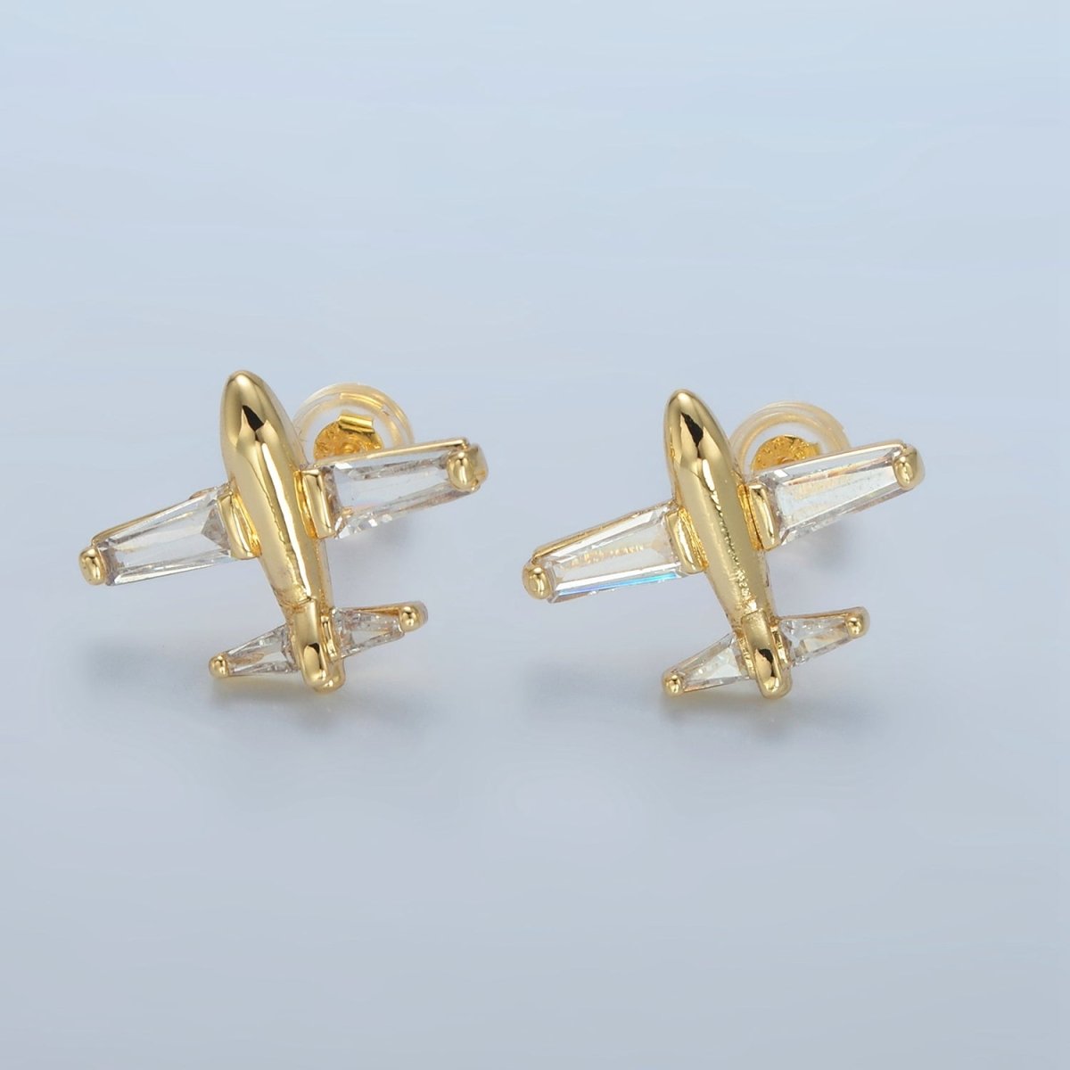 24K Gold Filled Baguette CZ Airplane Travel Stud Earrings | AD763