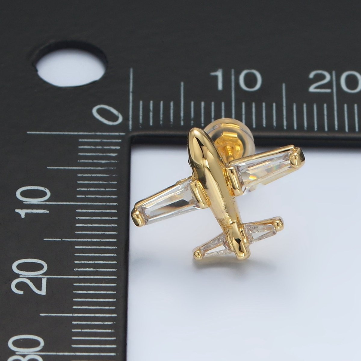 24K Gold Filled Baguette CZ Airplane Travel Stud Earrings | AD763