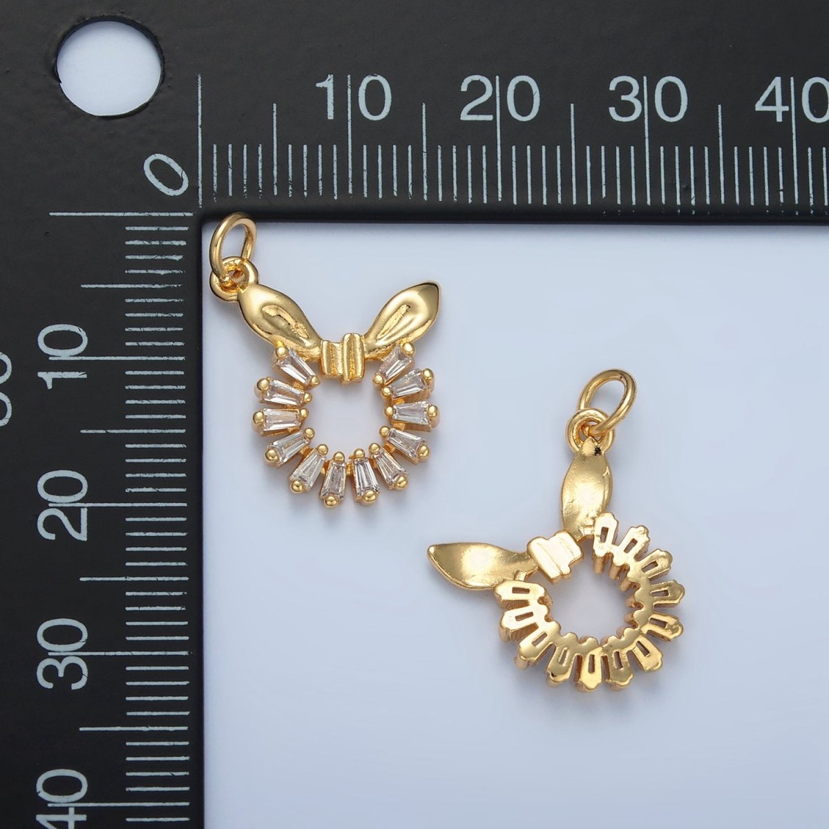 24K Gold Filled Clear Baguette CZ Bow Ribbon Open Circular Round Charm | M048