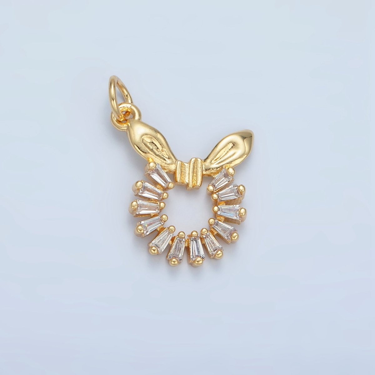 24K Gold Filled Clear Baguette CZ Bow Ribbon Open Circular Round Charm | M048