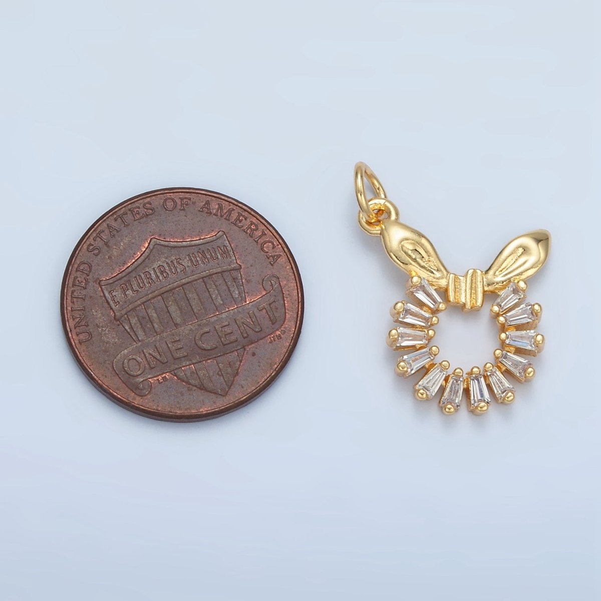24K Gold Filled Clear Baguette CZ Bow Ribbon Open Circular Round Charm | M048