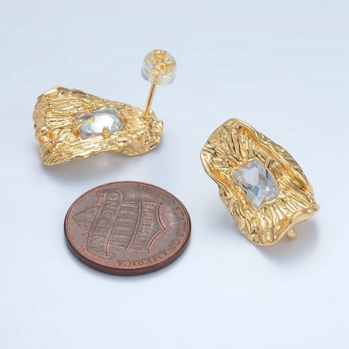 24K Gold Filled Clear Baguette CZ Hammered Foil Leaf Open Loop Drop Stud Earring Findings | Z886