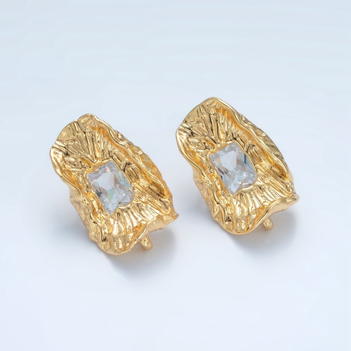 24K Gold Filled Clear Baguette CZ Hammered Foil Leaf Open Loop Drop Stud Earring Findings | Z886
