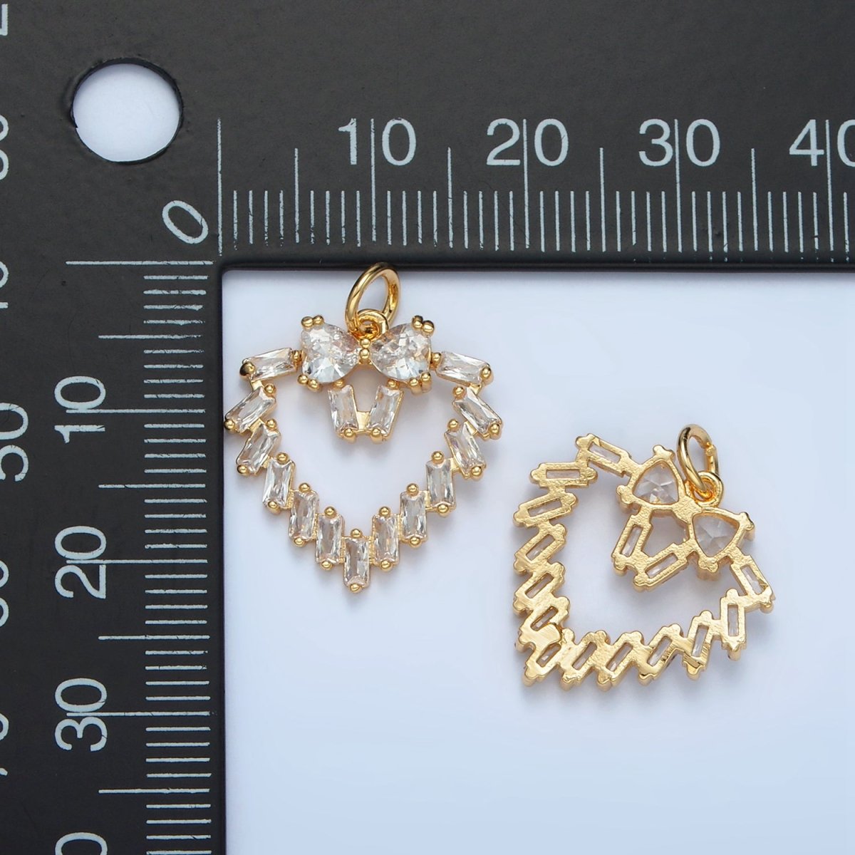 24K Gold Filled Clear Baguette CZ Open Heart Bezel Charm | E736