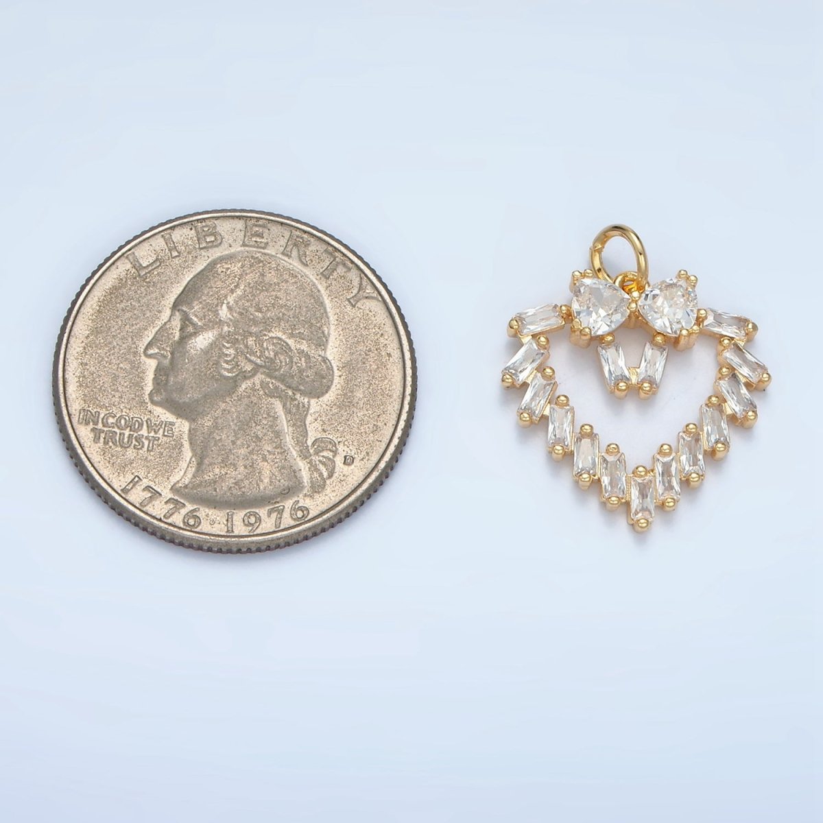 24K Gold Filled Clear Baguette CZ Open Heart Bezel Charm | E736