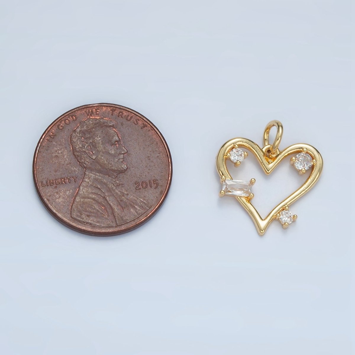 24K Gold Filled Clear Baguette CZ Open Heart Bezel Charm | E737