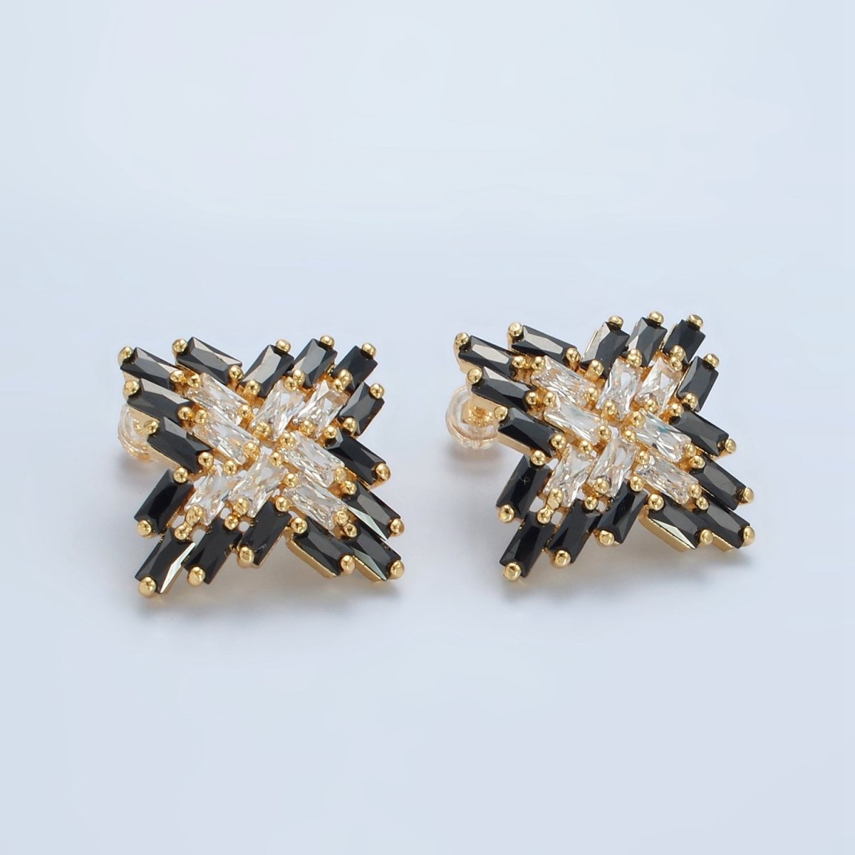 24K Gold Filled Clear Black Baguette CZ Celestial Star Stud Earrings | Q308