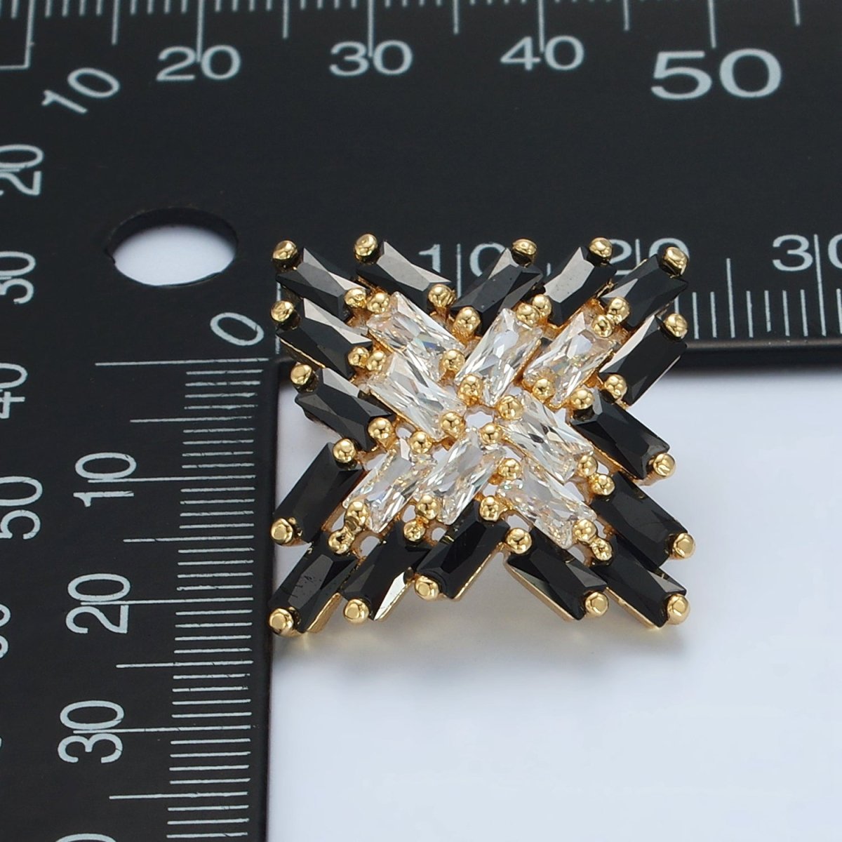 24K Gold Filled Clear Black Baguette CZ Celestial Star Stud Earrings | Q308