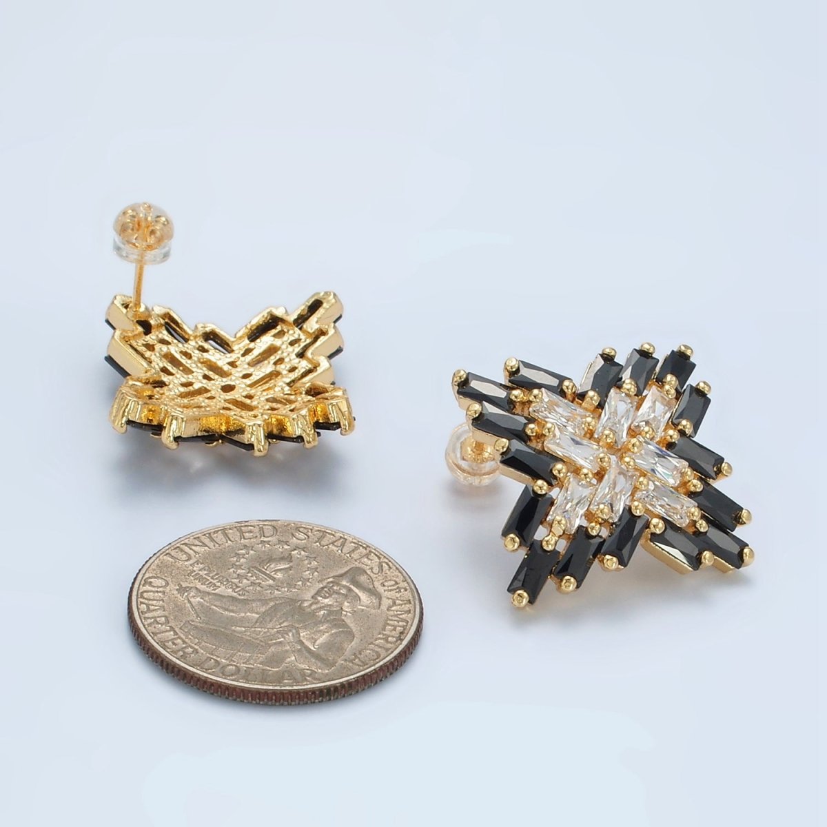 24K Gold Filled Clear Black Baguette CZ Celestial Star Stud Earrings | Q308