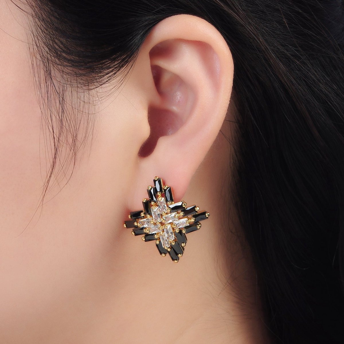 24K Gold Filled Clear Black Baguette CZ Celestial Star Stud Earrings | Q308