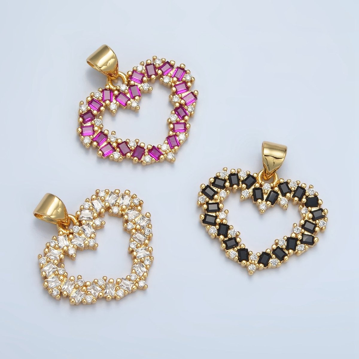 24K Gold Filled Clear, Black, Fuchsia CZ Baguette Open Heart Pendant | AA856 - AA857