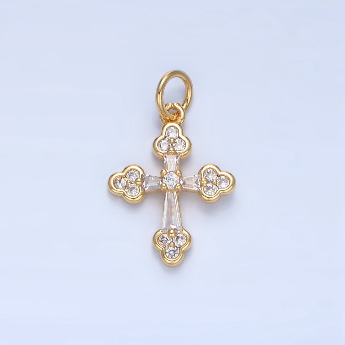 24K Gold Filled Clear CZ Baguette Buttony Cross Charm | X869