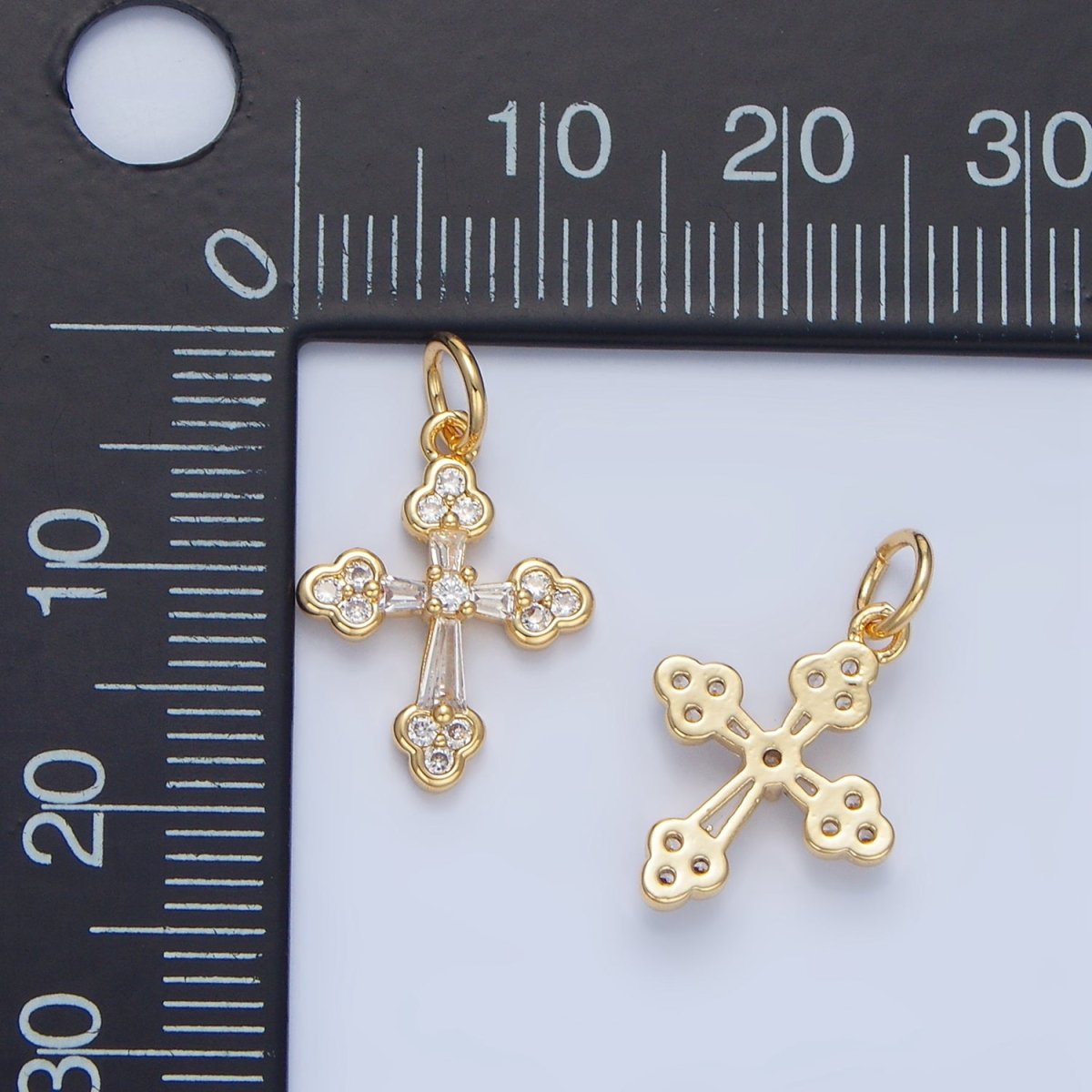 24K Gold Filled Clear CZ Baguette Buttony Cross Charm | X869