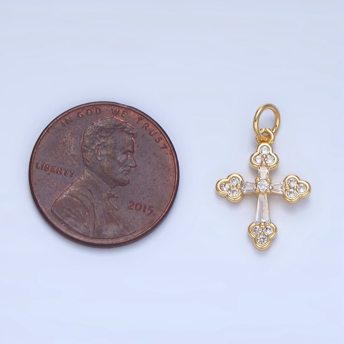 24K Gold Filled Clear CZ Baguette Buttony Cross Charm | X869