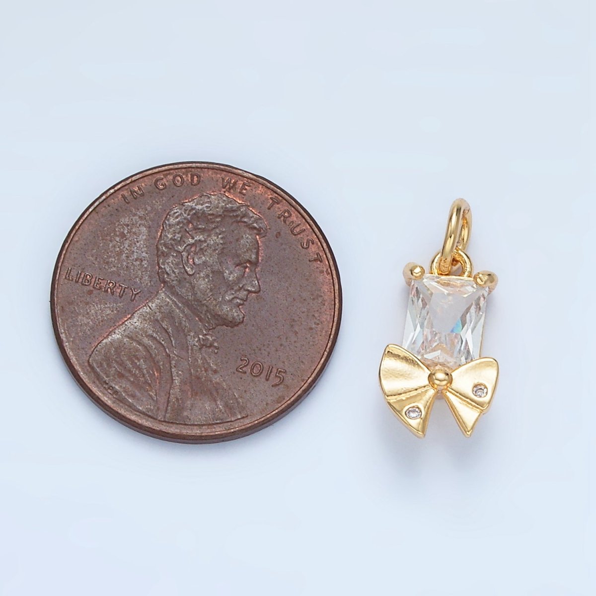 24K Gold Filled Clear CZ Baguette Dotted Ribbon Bow Charm | X282