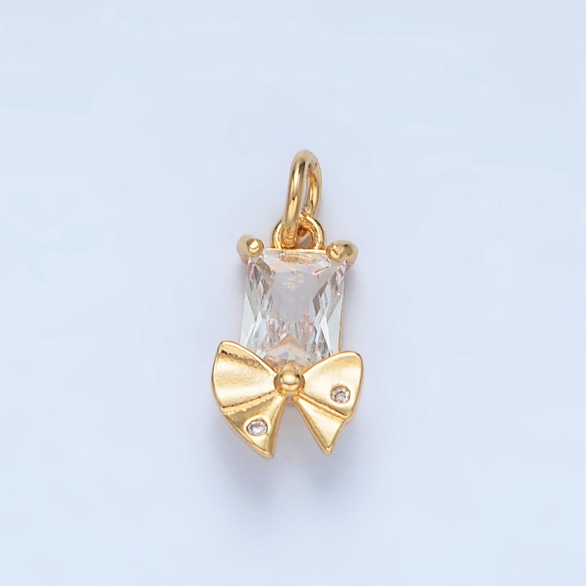 24K Gold Filled Clear CZ Baguette Dotted Ribbon Bow Charm | X282