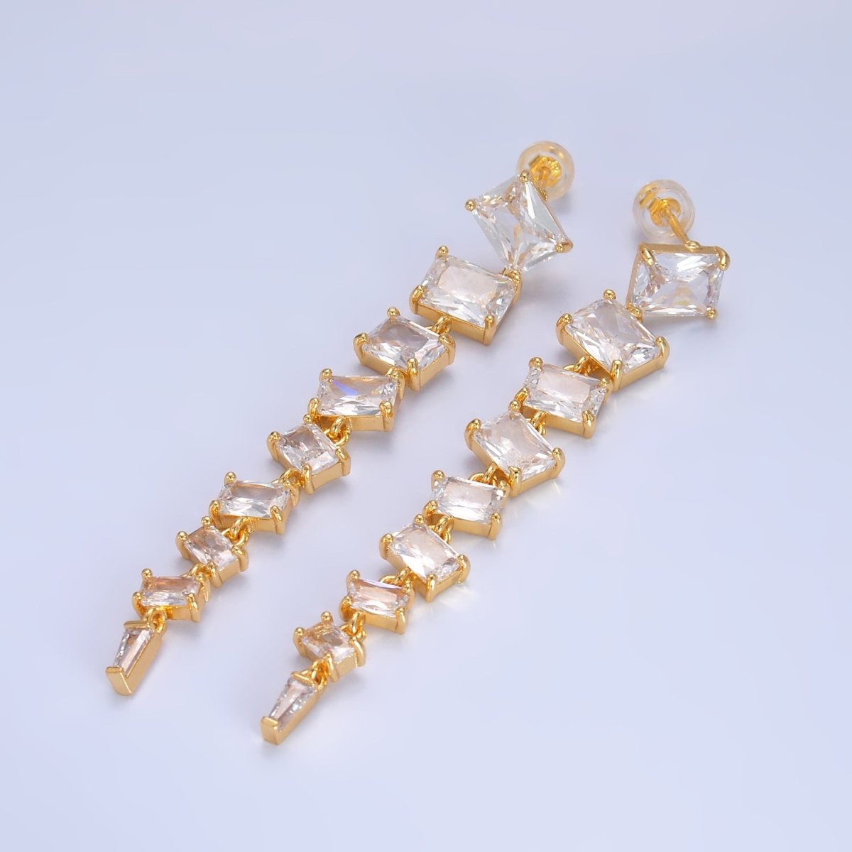 24K Gold Filled Clear CZ Baguette Drop Stud Earrings | V135