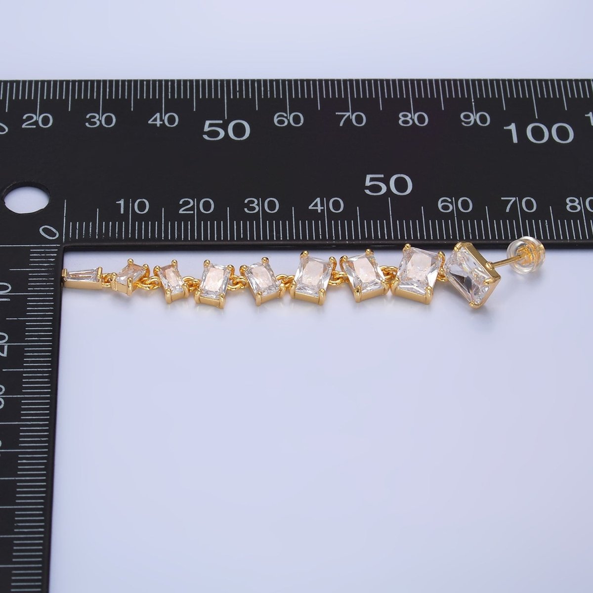 24K Gold Filled Clear CZ Baguette Drop Stud Earrings | V135