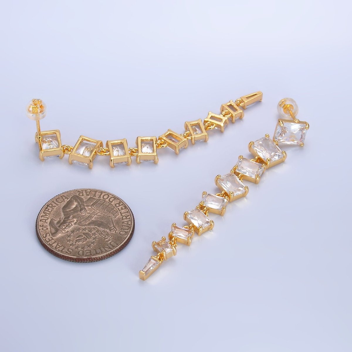 24K Gold Filled Clear CZ Baguette Drop Stud Earrings | V135